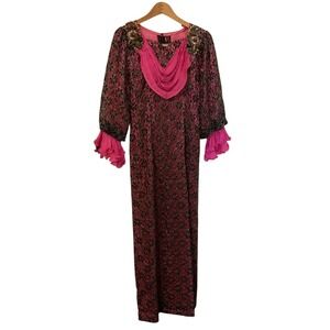 Vintage Dubai Kaftan Abaya Maxi Dress‎ Womens Satin Pink Floral Lace Jewel 90s